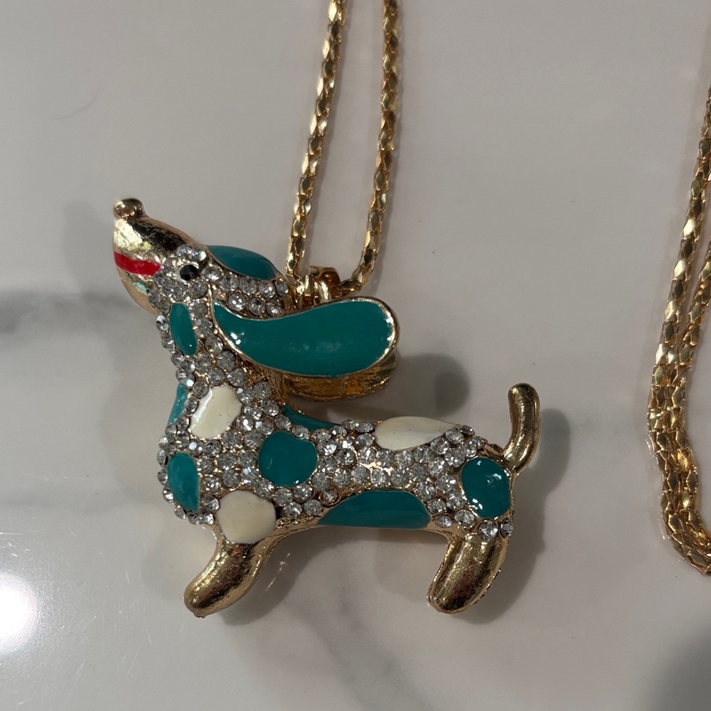 Teal and Gold Dog Pendant Necklace